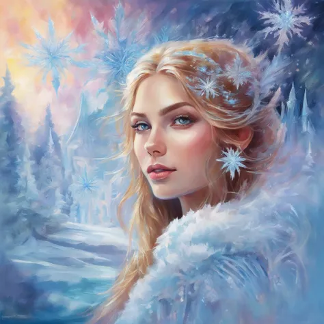 Portrait of a Young Woman, ice princess, with big ice crystals and snow in her hair, cool winter colors, brush stroke painting, ultra-offers HD quality