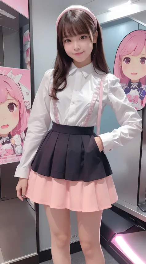 A woman wearing a pink and silver robot suit, Super Detailed Face, Super well-formed face, of the highest quality, a small face, small head, Slender body, Camera gaze, Idol, front facing, Well-proportioned body, sale, Exhibited, Event Hall, Moe Pose, Pink ...