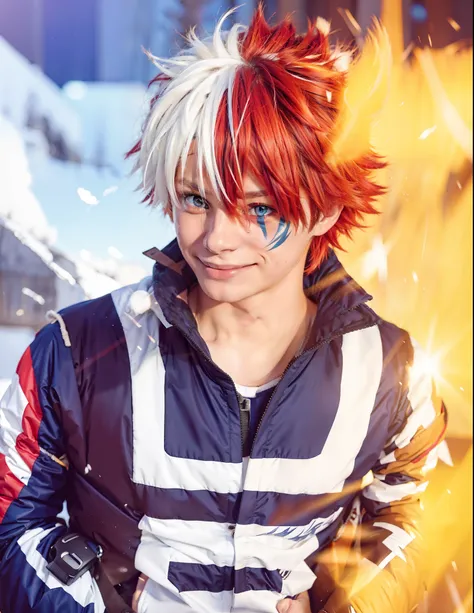 horikoshi kouhei, 1boy, bangs, blue eyes, blurry, blurry background, boku no hero academia, burn scar, closed mouth, coat, from side, gugugunogu, heterochromia, highres, jacket, multicolored hair, red hair, scar, scar on face, smile, solo, todoroki shouto,...