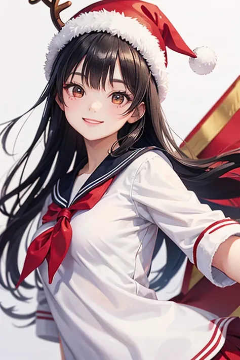 A smiling black-haired girl in a white sailor suit wearing a Santa Claus hat with reindeer antlers