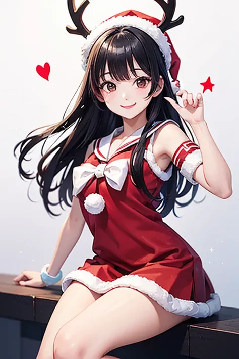 A smiling black-haired girl in a white sailor suit wearing a Santa Claus hat with reindeer antlers