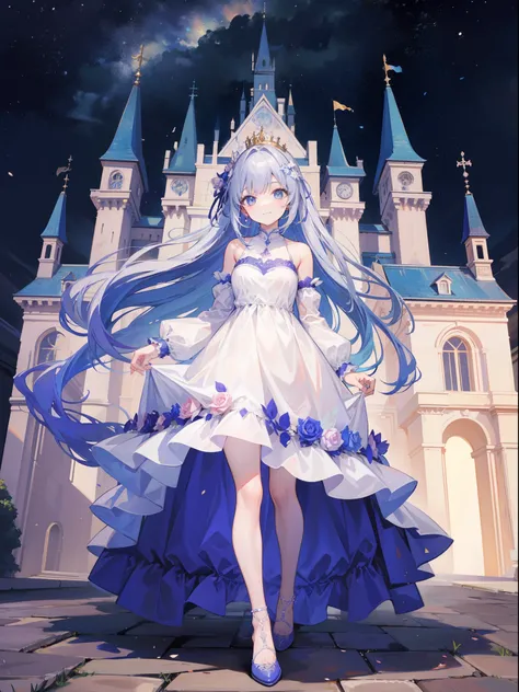 castle,1girl in,Smile,Full body layout,tiarra,Dress,Princess