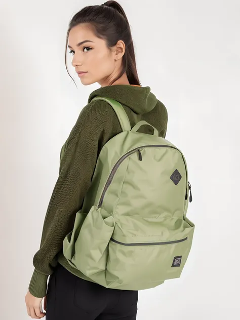 A woman wearing a backpack and a sweater stands, mochila, com dois bolsos frontais, azeitona, com uma mochila, uma mochila, sage green, verde oliva, utilitarista, utilidade, Sacos, 3/4 vista frontal, o homem tem uma mochila, bege, #verde, mochila escolar, ...