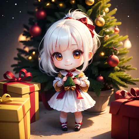 ​masterpiece、top-quality、ultra-detailliert、(Chibi Charas Daughter:1.2)、(white hair ponytail:1.2)、drop light hair accessory、yellow wraith、Christmas tree、christmas gifts、full bodyesbian、a smile