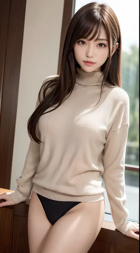 masutepiece, 1 girl per 1 photo, Cowboy Shot, Front view, a Japanese young pretty girl, Long bob hair, In a room of a luxury hotel, with a big smile on your face, a beautiful morning view in front of you, Black turtleneck sweater, Satin Panties, hyper cute...