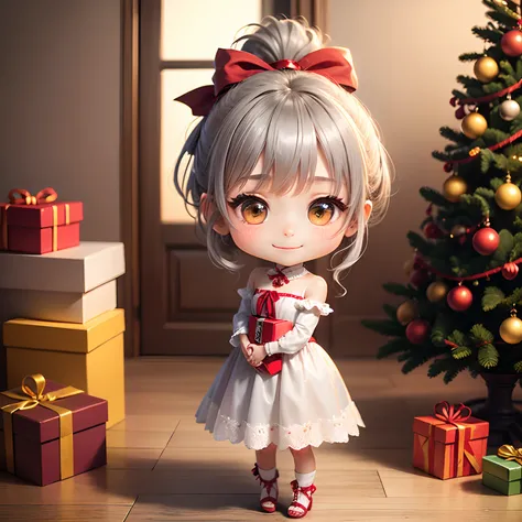 ​masterpiece、top-quality、ultra-detailliert、(Chibi Charas Daughter:1.2)、(Gray ponytail:1.2)、drop light hair accessories、yellow wraith、Christmas tree、Christmas present、full body Esbian、A smile