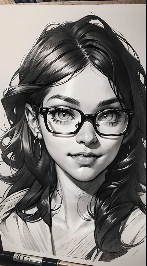 sketching，pencil drawing，Portrait of a Young Woman，longwavy hair，ssmile，Professional Dress，eye glass，Black and white picture，Black and white art，Black and white illustration，super-fine，Hair is carefully described，The eyes are carefully depicted，best qualti...