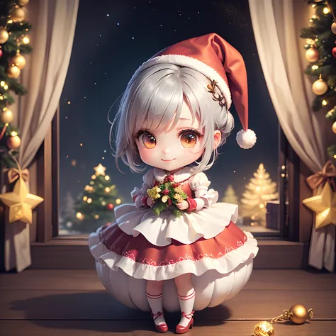 ​masterpiece、top-quality、ultra-detailliert、(Chibi Charas Daughter:1.2)、(Gray ponytail:1.2)、drop light hair accessories、yellow wraith、Christmas tree、Christmas present、full body Esbian、A smile