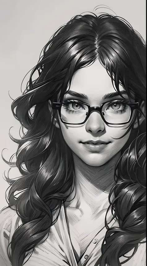 sketching，pencil drawing，portrait of a young woman，longwavy hair，ssmile，professional dress，eye glass，black and white picture，bla...