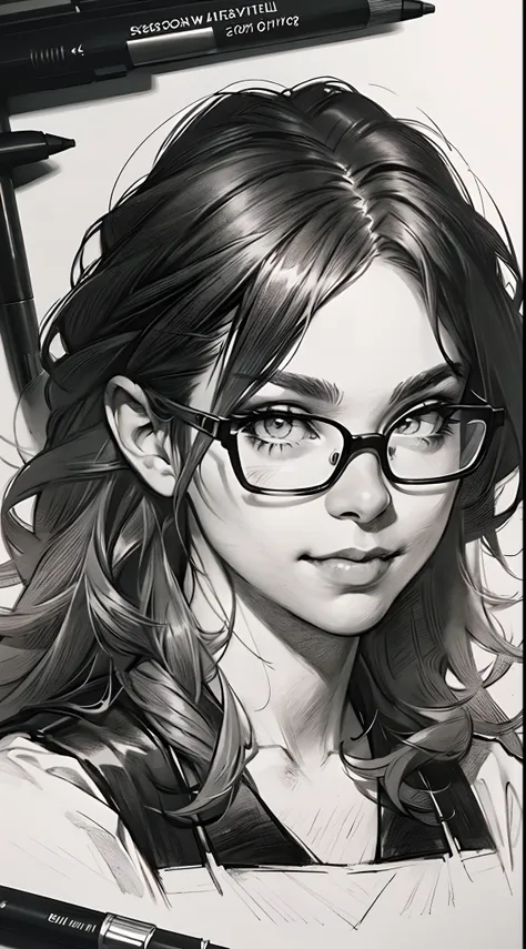 sketching，pencil drawing，portrait of a young woman，longwavy hair，ssmile，professional dress，eye glass，black and white picture，bla...