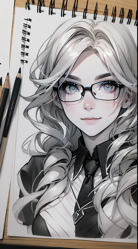 sketching，pencil drawing，portrait of a young woman，longwavy hair，ssmile，professional dress，eye glass，black and white picture，bla...