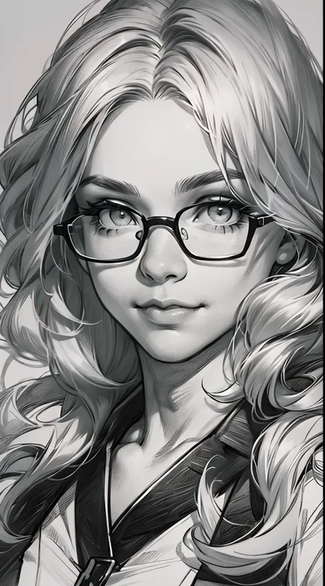 sketching，pencil drawing，portrait of a young woman，longwavy hair，ssmile，professional dress，eye glass，black and white picture，bla...