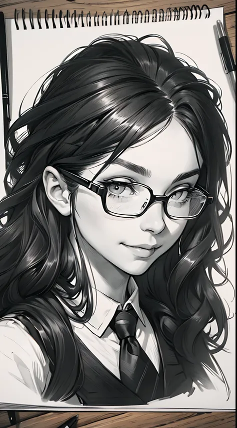 sketching，pencil drawing，portrait of a young woman，longwavy hair，ssmile，professional dress，eye glass，black and white picture，bla...