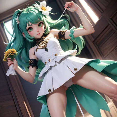 3DMM Style, (masutepiece, Best Quality), Intricate details, 1girl in, Solo, Green hair, flower hair clip, ｛Full body shot｝、Green dress、a short skirt、Angle from below、 Looking at Viewer,｛{{Lift the skirt yourself}}｝、{{{white  panties}}｝、pretty Panties、{{Pan...