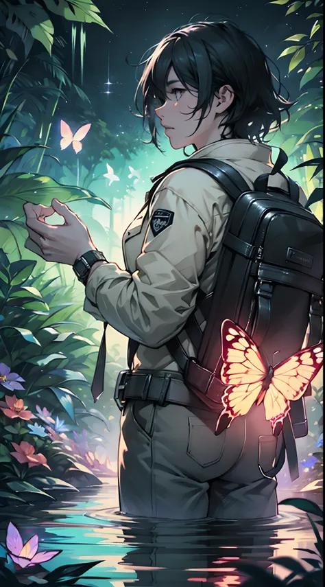 （（best qualtiy））， （（tmasterpiece））， （A detailed：1.4），Enhanced dynamic perspective，jungles，nighttime scene，starrysky，（darkly：1.4），（（Baby adventurer standing in front of supergiant butterfly，Butterflies spread their huge wings，shimmering under the moonlight，...