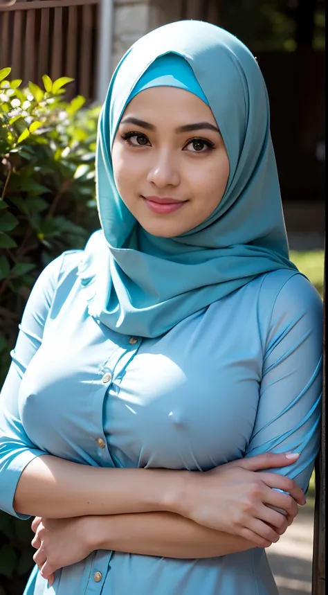 1malay girl , modern plain hijab,  shy, medium portrait shot , watery  eyes ,lip watery, lip glossy, open mounth, ((big breast)),women malay girls standing and posing in garden, wearing hijab and jacket with layered shirt skirt, smiling,big breast, perfect...