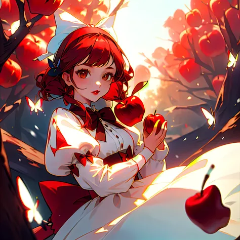 1girl Snow white Princess , solo, (red lips,white skin),eyelashes,gradient eyes,outdoors,black hair,snow white, (dress, puffy sleeves:1.3),(red hairband with bow:1.4),(brown eyes:1.4),(nature:1.1),looking at viewer,(butterfly:1.2),apple,(holding apple:1.4)...