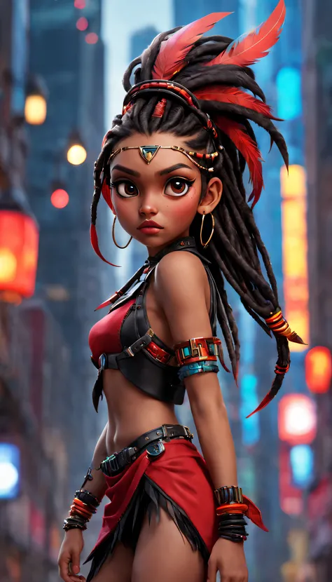 (best quality,highres,ultra-detailed,realistic:1.2),HDR,16k, UHD,studio lighting,extreme detail description,professional,vivid colors,bokeh,full body.
An indigenous girl in a futuristic world, wearing a red and black harness on top. Her long dread hair ado...