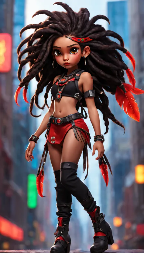 (best quality,highres,ultra-detailed,realistic:1.2),HDR,16k, UHD,studio lighting,extreme detail description,professional,vivid colors,bokeh,full body.
An indigenous girl in a futuristic world, wearing a red and black harness on top. Her long dread hair ado...