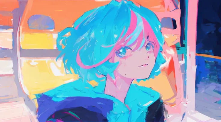 Blue-haired and pink-haired anime girls standing in front of the bus, colored sketch, 2 d anime style, 1980s anime art style, cyan and magenta, color study, anime style portrait, Rose draws pastel vibrant, 80s anime art style, unknown artstyle, Digital ani...