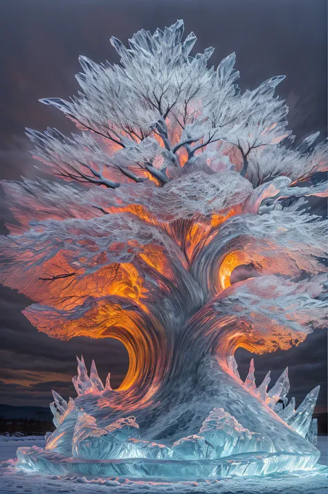 ice sculpture of a an epic tree (ice sculpture :1.5) , standing on an island surrounded flows of lava (lava: 1.2), best quality, 16k, [ultra detailed], masterpiece, best quality, (ultra detailed), full body, ultra wide shot, photorealistic