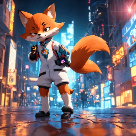 Close-up of a cartoon fox wearing a technological spacesuit standing on a city street, Artie Guéland 8K, in zootopia city, ross tran 8 k, an anthropomorphic cyberpunk fox, Hot topics on artstation 4k, digital fox, Movies are still in 8k, by Pixar《Zootopia》...