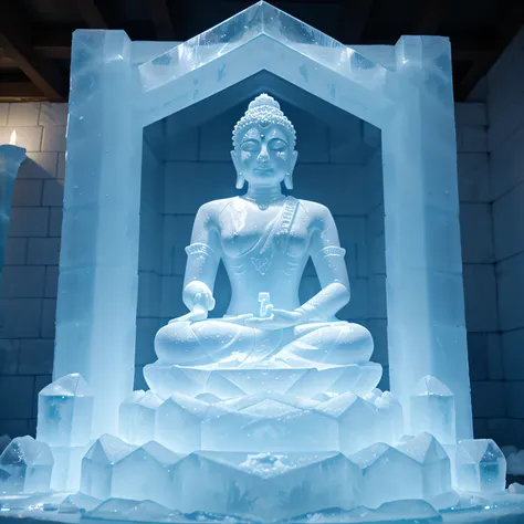 ice sculpture, Buddha, kundalini, enlightment, meditate, icy temple background