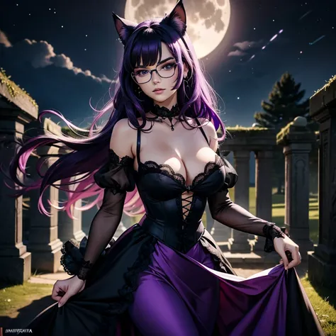 une femme adulte avec des lunettes dans un parc ,Black wedding dress with sleeves, Robe moulante, robe près du corps, black wedding viel, Lolita , gothiques, long Dress, Bending in front of camera , cat ears, Dark and purple hair, cheveux noirs et mèches v...