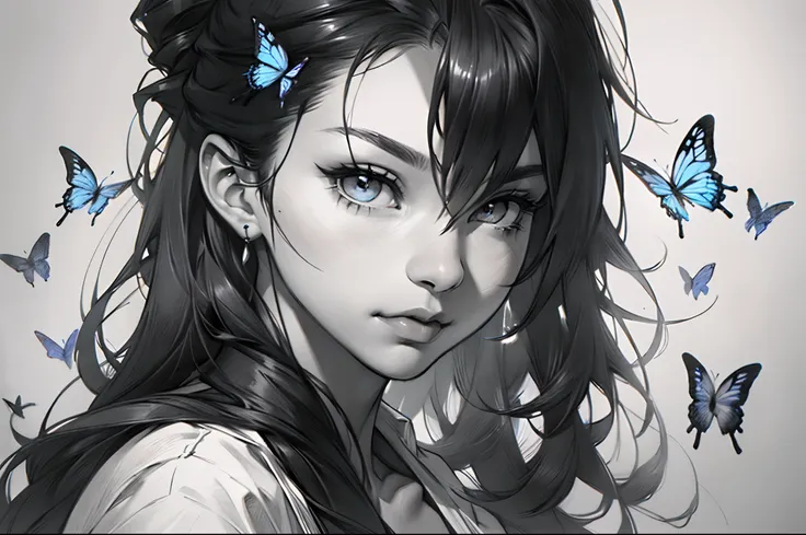 sketching，pencil drawing，A beautiful butterfly，对称，Black and white picture，Black and white art，Black and white illustration，super-fine，Hair is carefully described，The eyes are carefully depicted，best qualtiy，8K分辨率