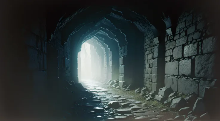 In the depths of a narrow well, without light, damp rocky walls,narrow dark tunnel carved in a wall,leading to a dark abandonned medieval cellar, dark,illustration,ultra-detailed,highres,realistic,horror,desolate,ominous,contrast,inchpitch darkness,claustr...