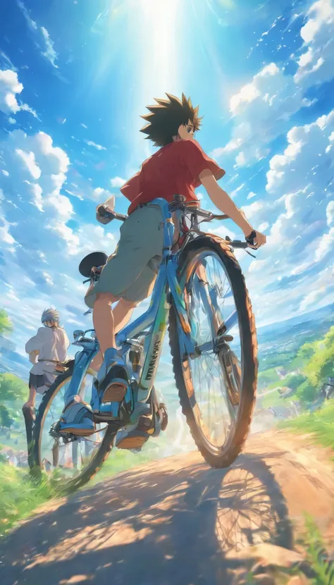 Lunch time、vast scenery、High quality down to the details。young man riding a bike、profile、Beautiful blue sky、A clear sky、fantastic landscape、People are big。