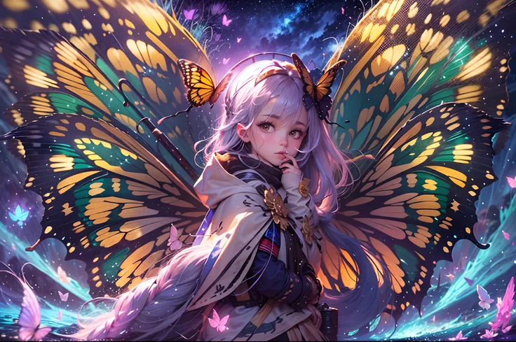 （（best qualtiy））， （（tmasterpiece））， （A detailed：1.4），（（（Giant glowing butterfly））），Enhanced dynamic perspective，jungles，nighttime scene，starrysky，（darkly：1.4），（（Baby adventurer standing in front of supergiant butterfly，Butterflies spread their huge wings，s...