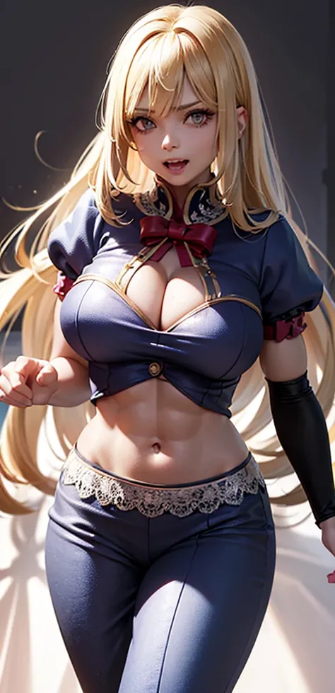 (8k), sharp focus, highres, 1girl, alice, upper body, arisdef, blonde hair, (sash, bow, hair band), Gigantic breasts, dress, (high quality:1.2), (high detail:1.2), (masterpiece:1.2), (extremely detailed:1.2), cleavage, muscular arms, muscular, very muscula...