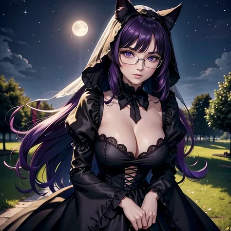 une femme adulte avec des lunettes dans un parc ,Black wedding dress with sleeves, Robe moulante, robe près du corps, black wedding viel, Lolita , gothiques, long Dress, Bending in front of camera , cat ears, Dark and purple hair, cheveux noirs et mèches v...