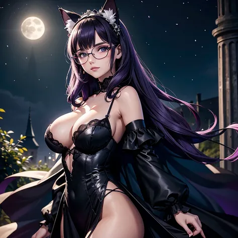 une femme adulte avec des lunettes dans un parc ,Black wedding dress with sleeves, Robe moulante, robe près du corps, black wedding viel, Lolita , gothiques, long Dress, Bending in front of camera , cat ears, Dark and purple hair, cheveux noirs et mèches v...