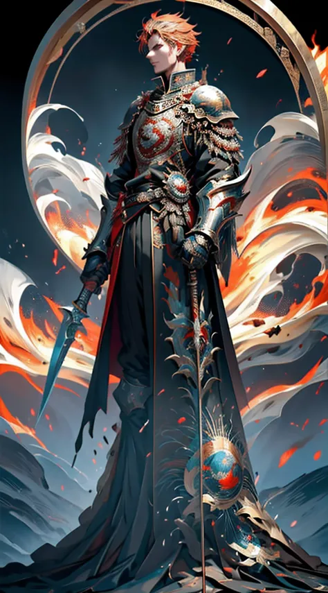 Masterpiece, 4K Art, A gallant knight stands proudly amidst the tumultuous onslaught of bombs, holding a gleaming weapon high in defiance. The explosions cast an ominous glow on the knights resolute figure, their armor reflecting the fiery chaos surroundin...