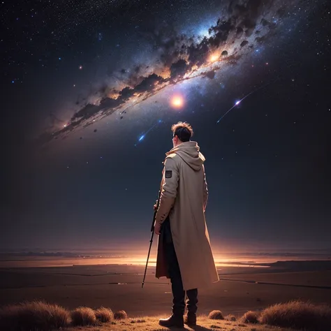 A man standing on the plain，looking at the stars，Telescopic shot，galactic，Giant Jupiter，giant saturn