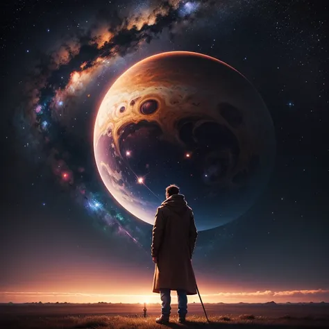 A man standing on the plain，looking at the stars，Telescopic shot，galactic，Giant Jupiter，giant saturn