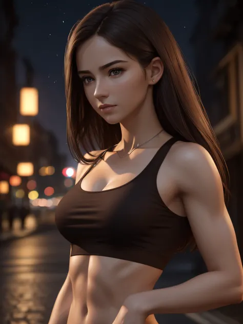 ((Realistic lighting, Best quality, 8K, Masterpiece: 1.3)), Clear focus: 1.2, 1girl, Perfect Figure: 1.4, Slim Abs: 1.1, ((Dark brown hair)), (White crop top: 1.4), (Outdoor, Night: 1.1), City streets, Super fine face, Fine eyes, Double eyelids,