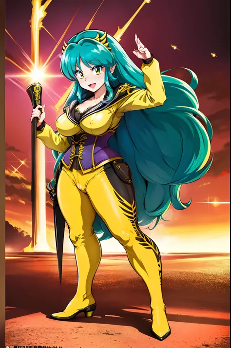 masterpiece, best quality,, corset, breastplate,lum, , urusei yatsura, cloak, pants, pullover kimono,martial pov,, pantyhose, sharpteeth, standing,smile, matial art,, full body, boots , pant, medium breast, pants, pullover,martial pov,god rays, ray tracing...