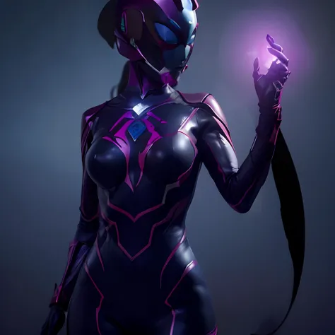 Ultraman Woman, （High quality）（The sheen）Covering her naked face with a black mask, Female Solo, Alien eyes shine。The whole body is covered with a black bodysuit, One female protagonist, Pink lines all over the body, Dark background,