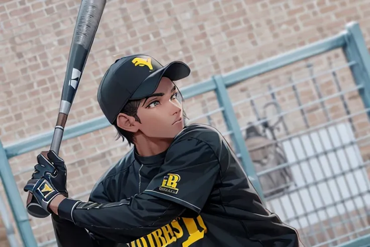 Baseball，batt，male people，Black uniform，yellow text，QB letters on hat，Dark hair，short-haired