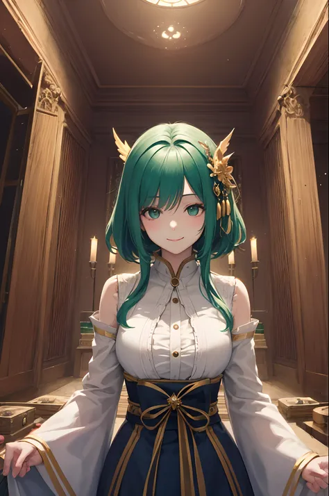 ​masterpiece、top-quality、超A high resolution、2D Beautiful Girl、animesque、girl with、Lori、green colored hair、short-haired、phoenix-like figure、Beautiful green eyes、The clothes are also depicted in detail、Eyes are depicted in detail、The face is depicted in deta...