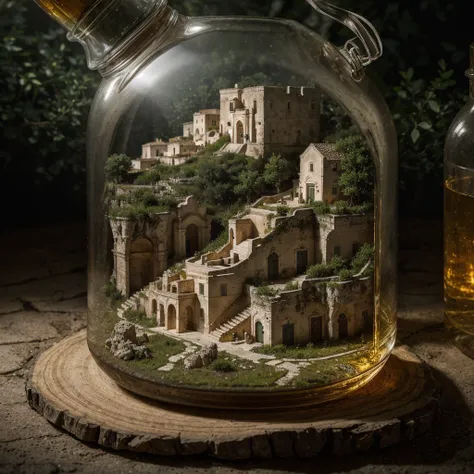 (An intricate minitown Matera landscape trapped in a bottle), atmospheric oliva lighting, on the table, 4k UHD, dark vibes, hyper detailed, vibrant colours forest background, epic composition, octane render, sharp focus, high resolution isometric