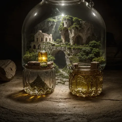 (An intricate minitown Matera landscape trapped in a bottle), atmospheric oliva lighting, on the table, 4k UHD, dark vibes, hyper detailed, vibrant colours forest background, epic composition, octane render, sharp focus, high resolution isometric