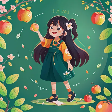 Long-haired girl，happy，orchard，Fruit，blossoms，equation，blackboards，O logo，vectorial，Line art，designs，Inspiration，straight line，对称