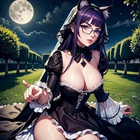 une femme adulte avec des lunettes dans un parc ,Black wedding dress with sleeves, Robe moulante, robe près du corps, black wedding viel, Lolita , gothiques, long Dress, Bending in front of camera , cat ears, Dark and purple hair, cheveux noirs et mèches v...