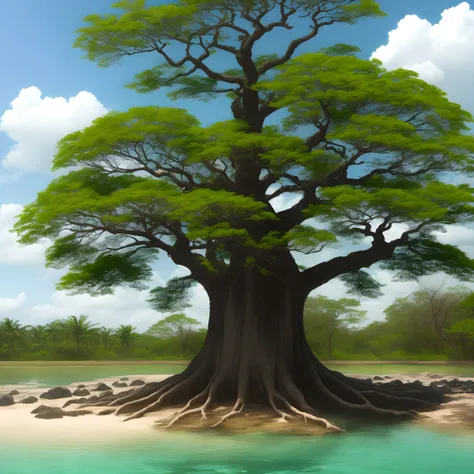 A large, leafy ceiba tree seen from afar in a wide field next to a crystal clear river during a summer afternoon in southeastern Mexico