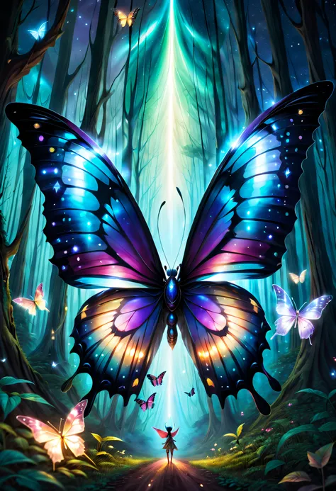 (Starlight Butterfly: 1.5), Giant butterfly, Butterfly wings, Butterflies fly, Giant starlight butterfly in the night starry sky, Surrounded by galactic starlight, Dark Souls boss Moonlight Butterfly, Dancing in this mysterious forest, The delicate wings a...