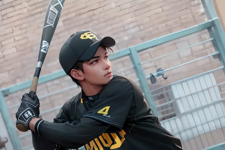 Prompt generation：
(best quality,4k,8k,highres,masterpiece:1.2),ultra-detailed,(realistic,photorealistic,photo-realistic:1.37),baseball ball,baseball bat,male,black uniform,yellow text,QB letters on hat,dark hair,short hair